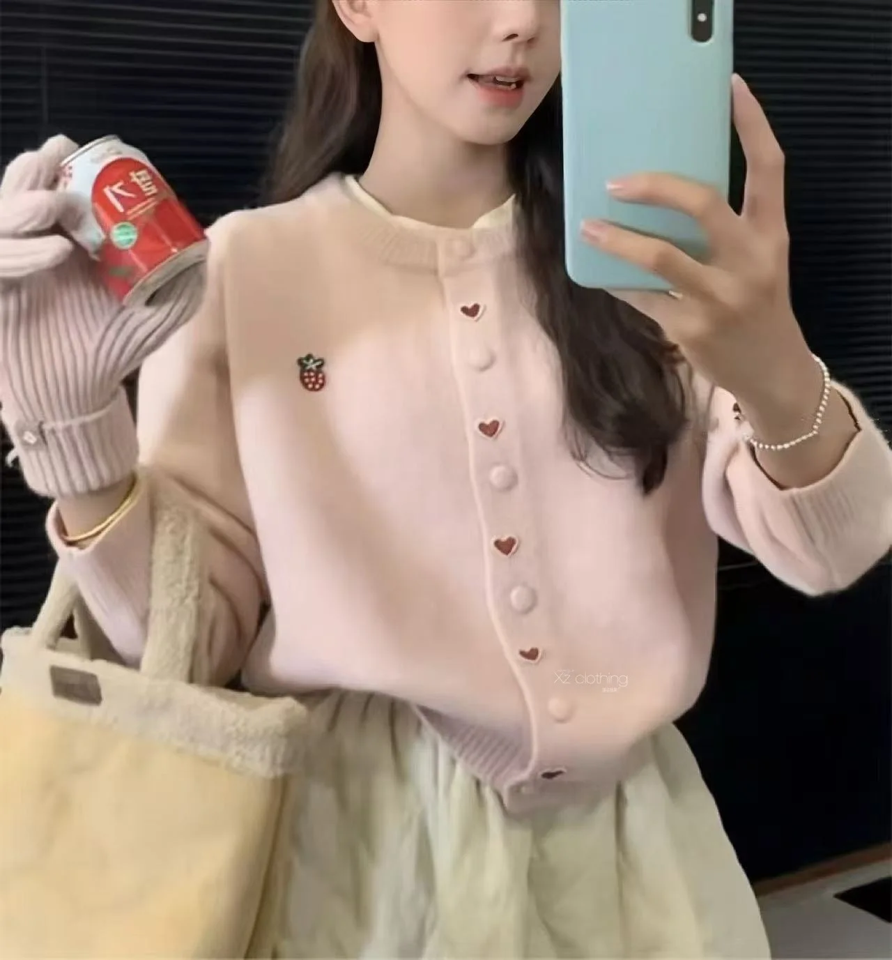 autumn and winter new sweet strawberry heart decoration round neck knitted cardigan women's sweater