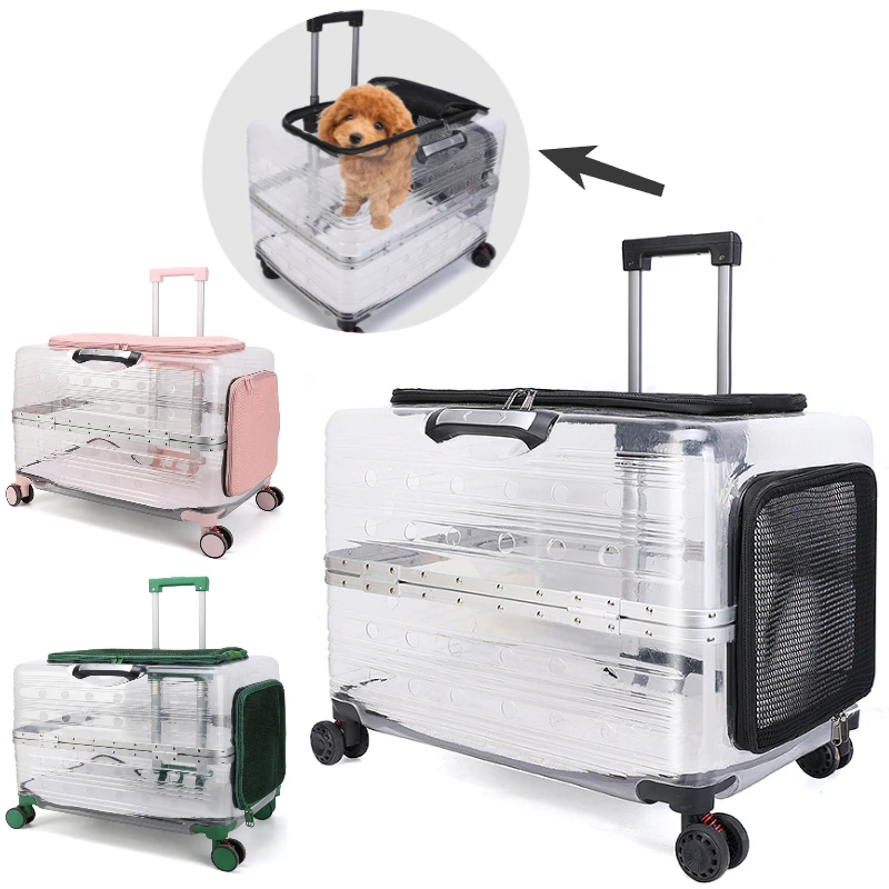 

1 шт. Прозрачный переносной чемодан-тележка для животных на колесиках, жесткий контейнер-коляска для кошек, собак и щенков с подушкой и ручкой