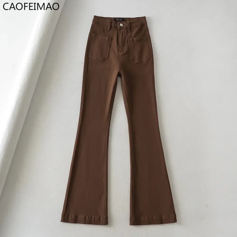 Caofeimao Brown High Waisted Jeans for Women Straight Wide Leg Denim Y2k Pants Streetwear Vintage Trouser Mom Jean Full Length