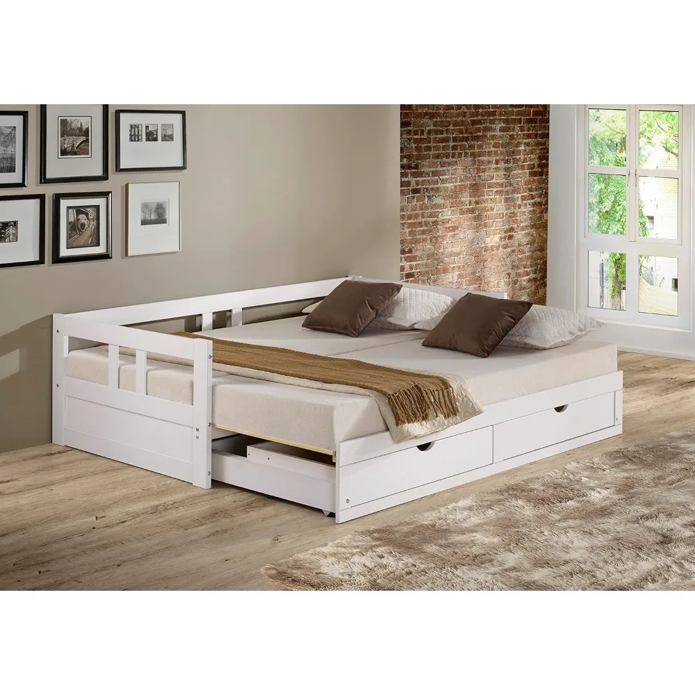 Furniture Melody Extendable Pine Trundle Bed Daybed w/ Underbed Storage, White, Twin to King Daybed, Childrens/Youth