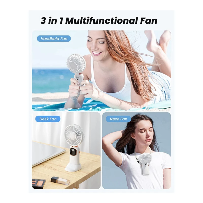 Portable Handheld Fan, 4000Mah Neck Fan With LED Display, Foldable Desk Fan With Base, 5 Speed Fan For Women