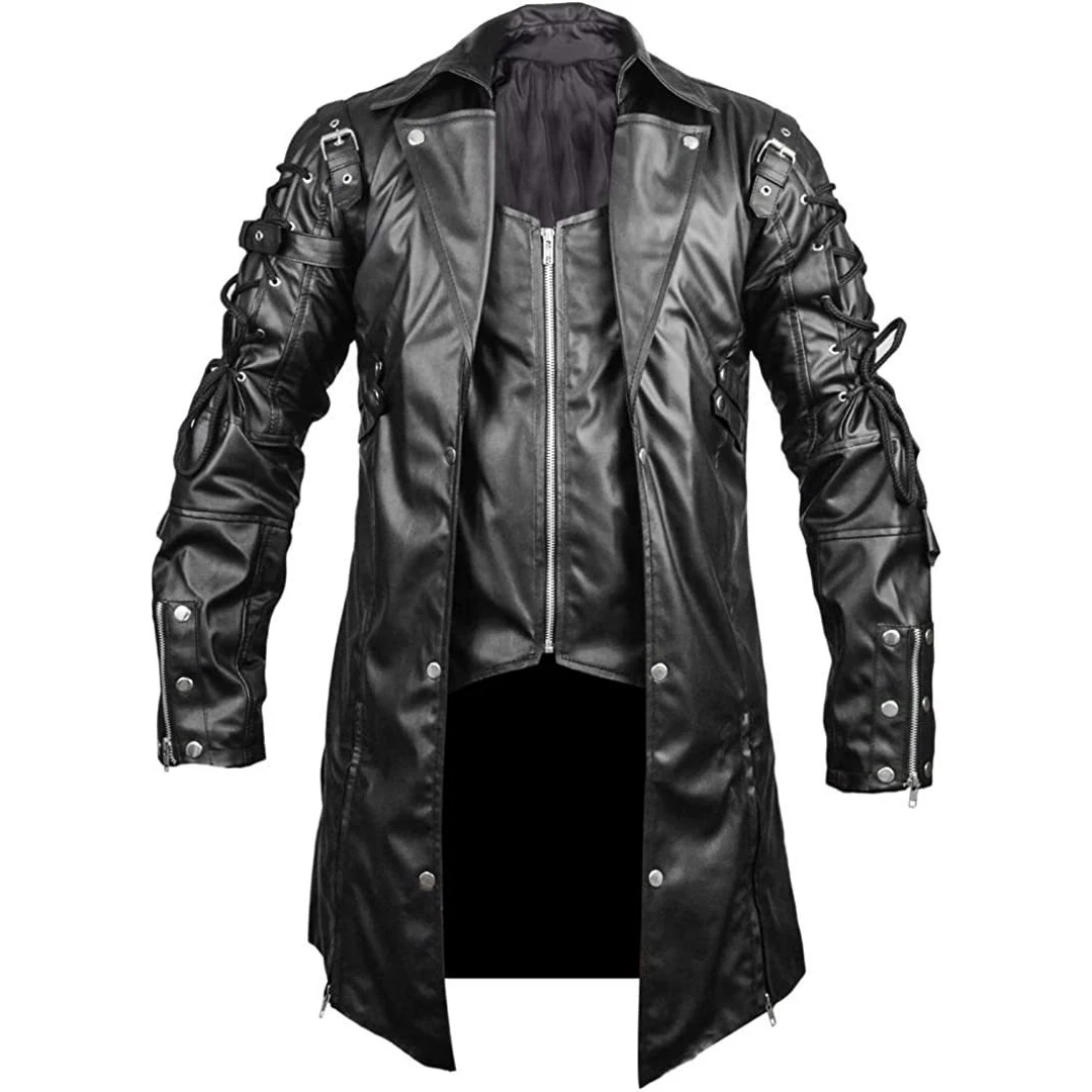 Long Leather Jacket Men Gothic Vintage PU Leather Trench Coats Fashion Moto Biker Outwear Mens Punk Style Motocycle Jackets Man