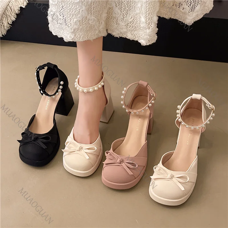 Ankle Buckle Straps High Heels Women Shoes Pearl Chain Mary Jane Butterfly Knot Banquet Party Footwears Elegance Heeled Shoes