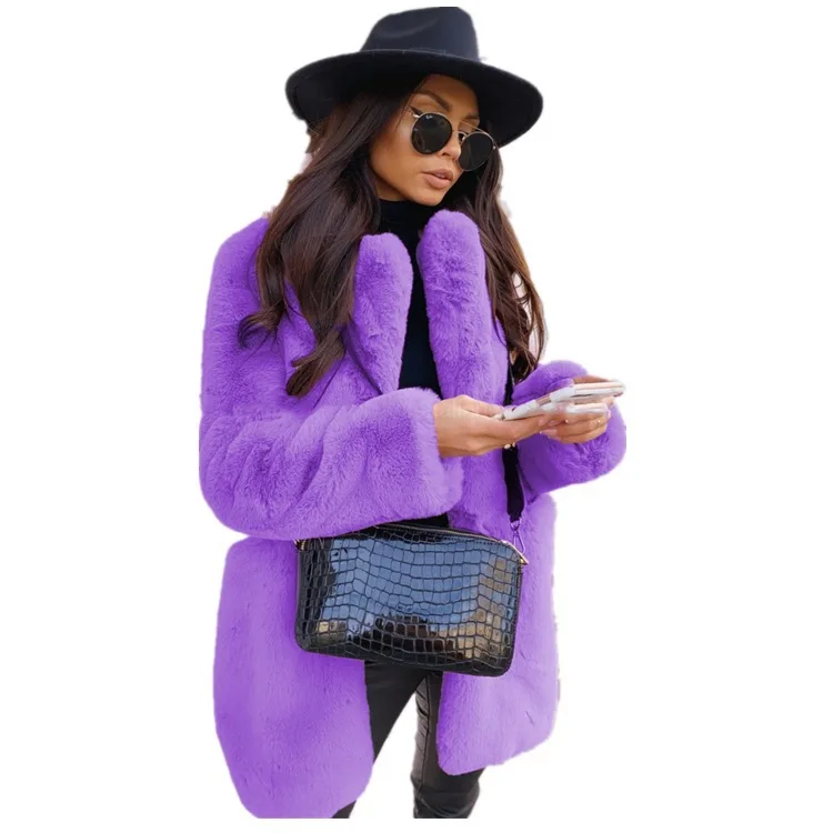 

2026 new stock fashionable long sleeved lapel faux fur coat solid color warm plus size coat women's fur
