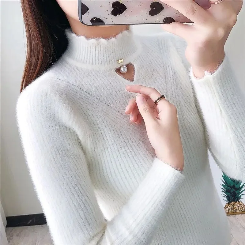 2023 New Fashion Half Turtleneck Sweater Autumn Winter Women\'s Long-sleeved Knitwear Solid Color Pullover Top Trending Sweater