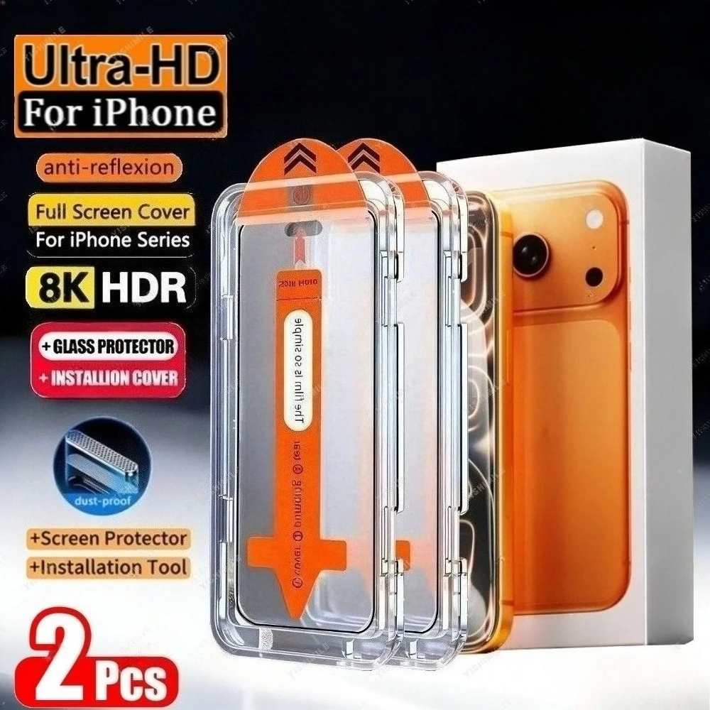 

2Pcs Full Coverage Screen Protector for iPhone 17 16 15 14 13 Pro Max Air 16 15 Plus 12 11 Pro Mini One Click Installation Glass