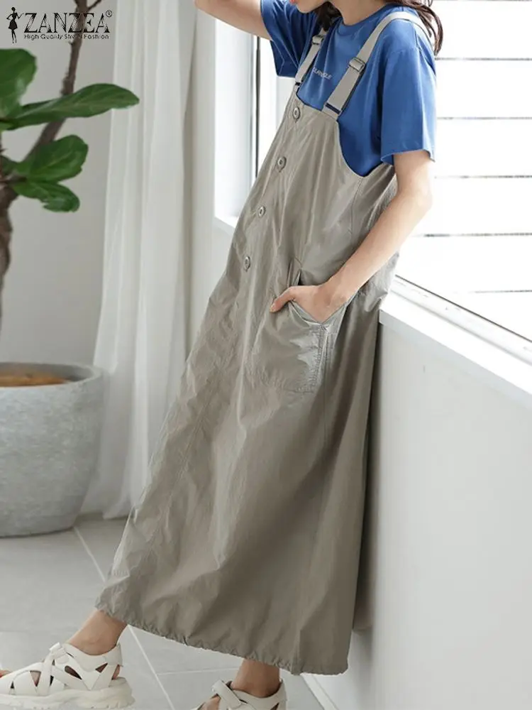 ZANZEA Streetwear Suspender Skirt Fashion Women Buttons Long Dresses 2024 Summer Oversized Pocket Overalls Casual Loose Sundress