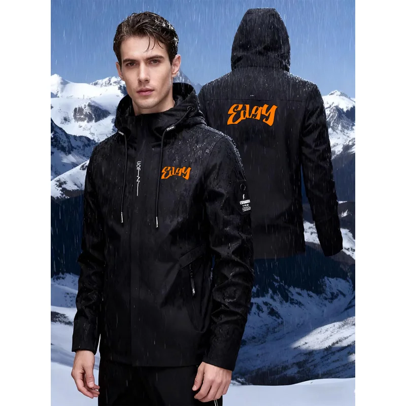 Men's outdoor sports jacket, printed design, windproof and waterproof for hiking and running, zip-up hooded long-sleeve jacket