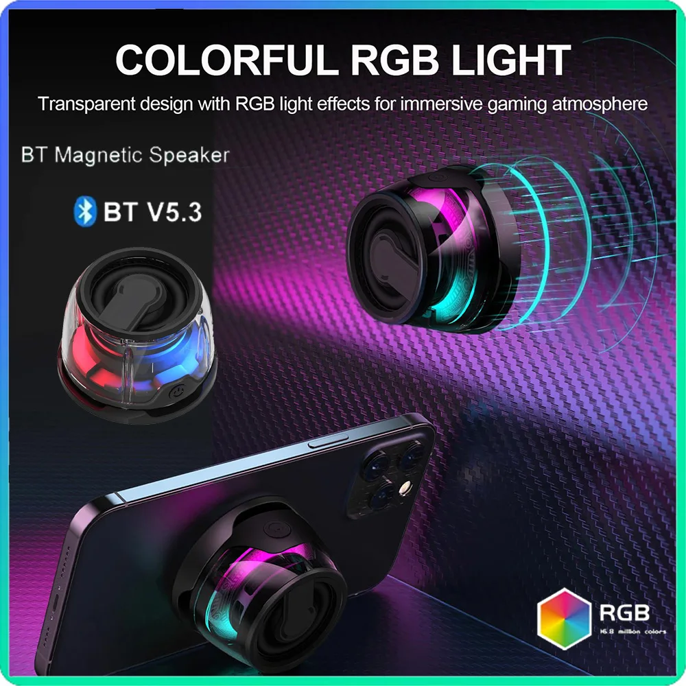 Alto-falante bluetooth magnético portátil ao ar livre sem fio mini alto-falante estéreo de viagem com luz colorida rgb e suporte de telefone para ios