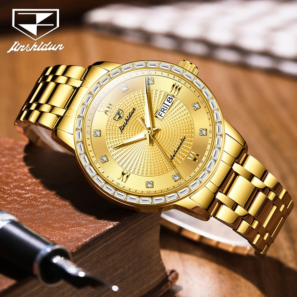 JSDUN 8959 Classic Men Watch Diamond Bezel Luminous Function Calendar Window Mechanical Movement Waterproof Watch For Men