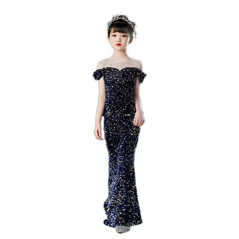 Shiny Trumpet Dresses For Girls Teens Kids Elegant Bridesmaid Wedding Dress Sequin Child Party Evening Gown Prom Cocktail Dress