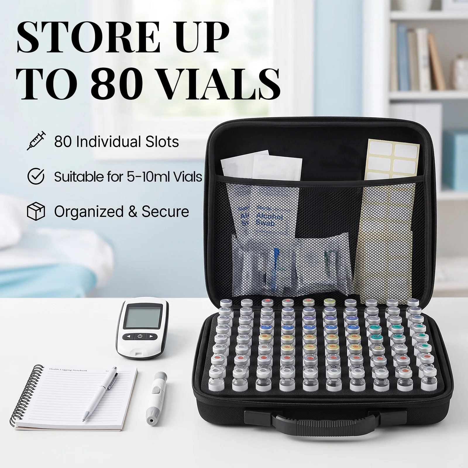 80 Slot Insulin Vial Storage Case Shockproof EVA Insulin Vial Organizer Medication Vial Storage Box for 5-10ml Insulin Bottle
