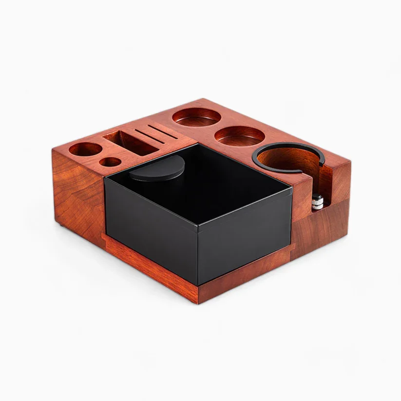 New Design Own Mold Sapele Mahogany Coffee Knock Box Coffee Needle Tamper Portafilter Distributor Wooden Holder Solid Wood