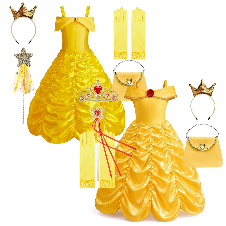 Gelbes Prinzessinnen-Cosplay-Kleid für Mädchen, schulterfreies, gerafftes Partykleid mit Spielzeug-Zubehör-Set für Geburtstag und Halloween