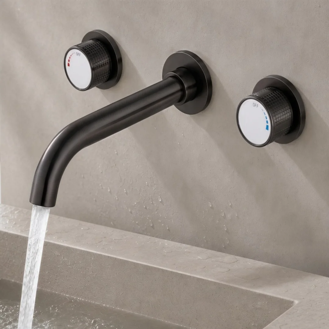Tuqiu Brushed Gold Bathroom Faucet Brass Black Widespread Basin Faucet Grey Sink Faucets 3 Hole Hot And Cold Water Faucet Tap