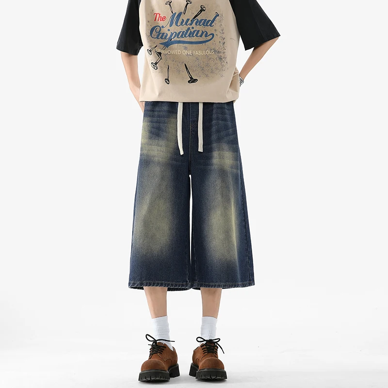 

Summer Black Jeans Men Fashion Retro Calf-Length Jeans Men Streetwear Hip-hop Loose Wide Leg Jeans Mens Vintage Denim Pants