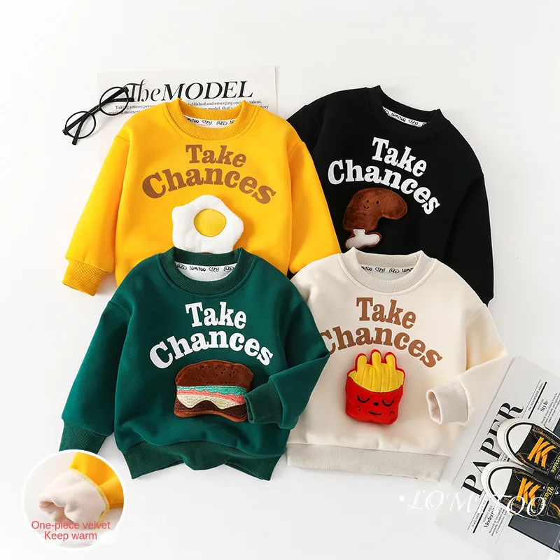 Children Sweaters Winter Boys Cartoon Plush Sweater Cute French Fries Burger Round Neck Pullover 3D Pattern Girls Casual Clothes