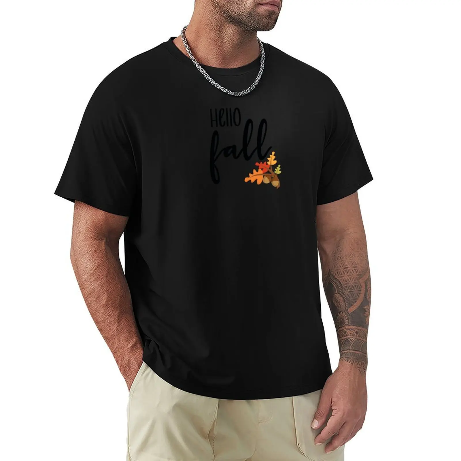 Whimsical 'Hello Fall' Design with Autumn Leaves - Embrace the Season in Style! T-Shirt boys animal print mens white t shirts