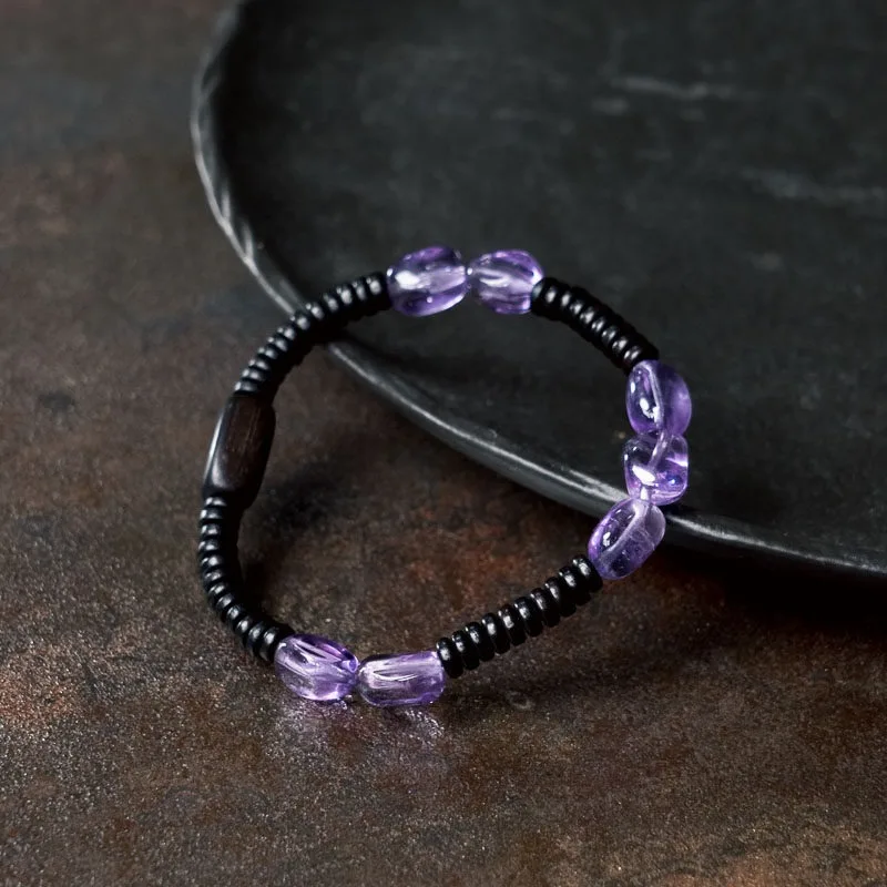 Natural Amethyst Chip Bracelet with Black Sandalwood Beads Handmade Minimalist Elastic for Women Men Daily Casual Jewelry