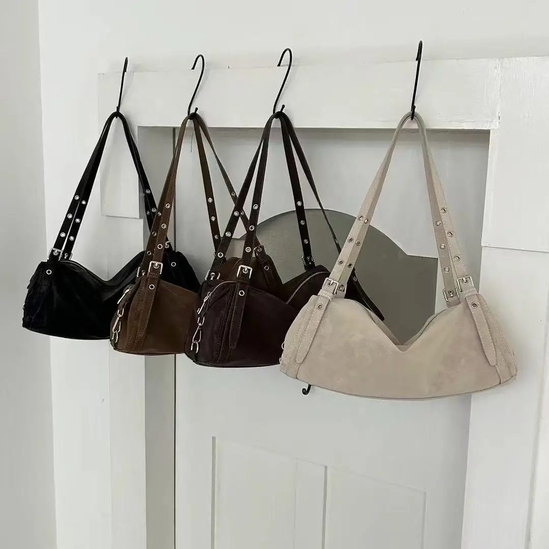 

Vintage Faux Suede Underarm Bag Designer Rivet Handle Women Handbags Punk Retro Lady Shoulder Bags 2025 Autumn and Winter