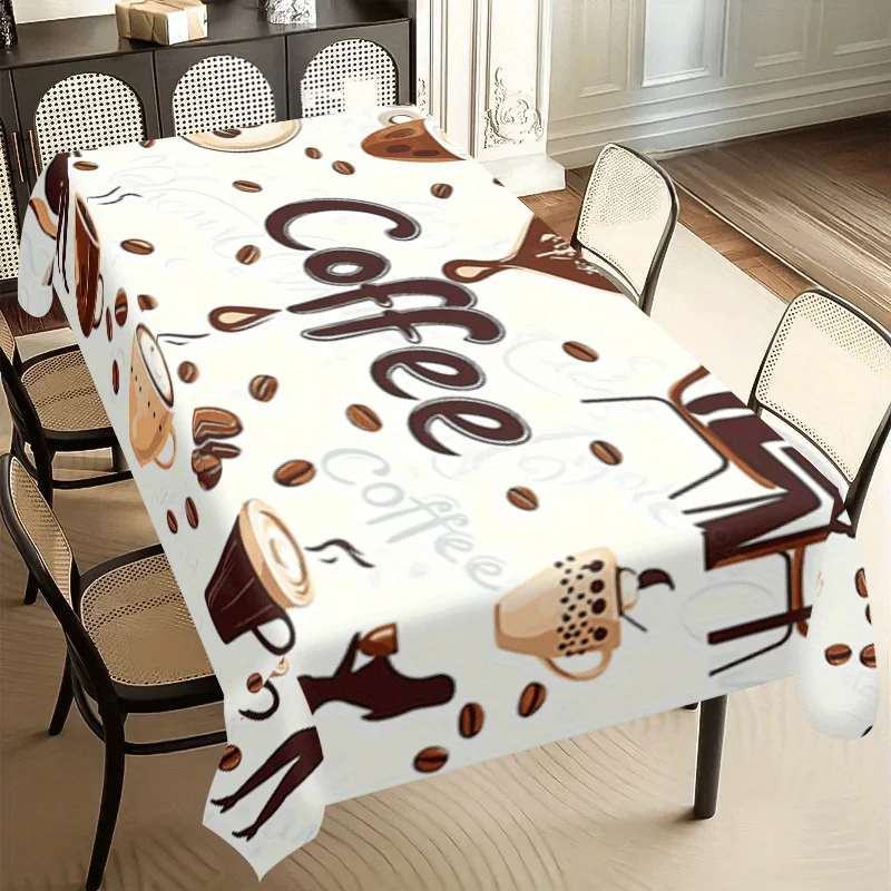 Retro Coffee Bean Cup Rectangle Tablecloth for Table Decorations Washable White Coffee Polyester Table Cloth Holiday Party Decor
