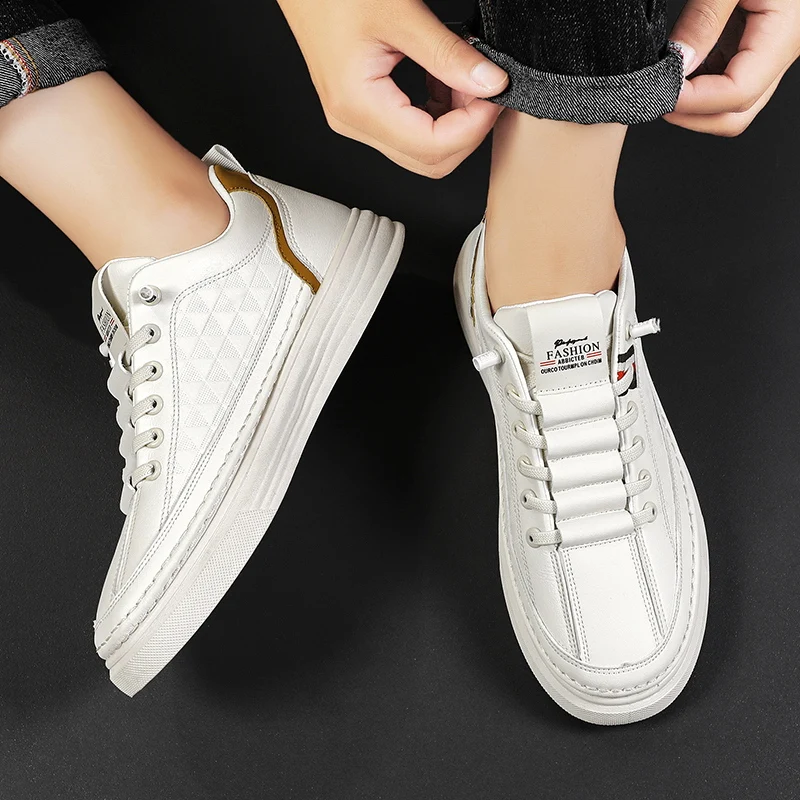 Fashion Platform Men Casual Shoes Leather Lightweight Slip on Men Board Shoes White Outdoor Sports Sneakers Comfort Tennis Shoes