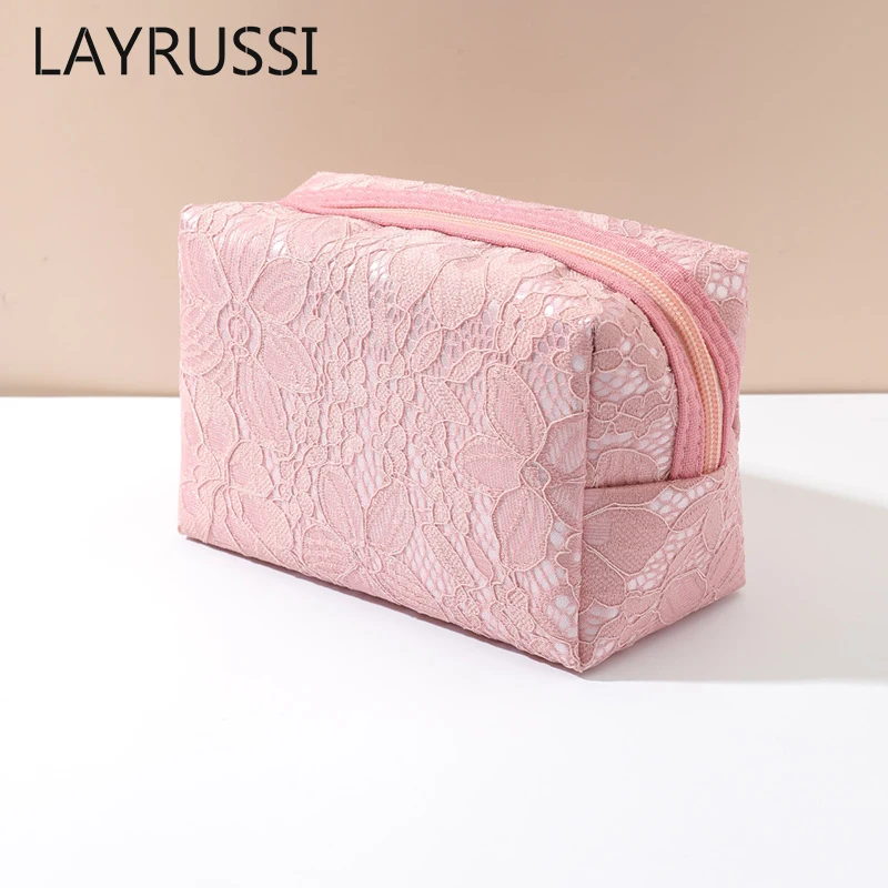 

LAYRUSSI Pink Lace Makeup Bag Organizer Women Girls Luxury Travel Cosmetic Bags Small Toiletries Bag Lady Portable Beauty Case