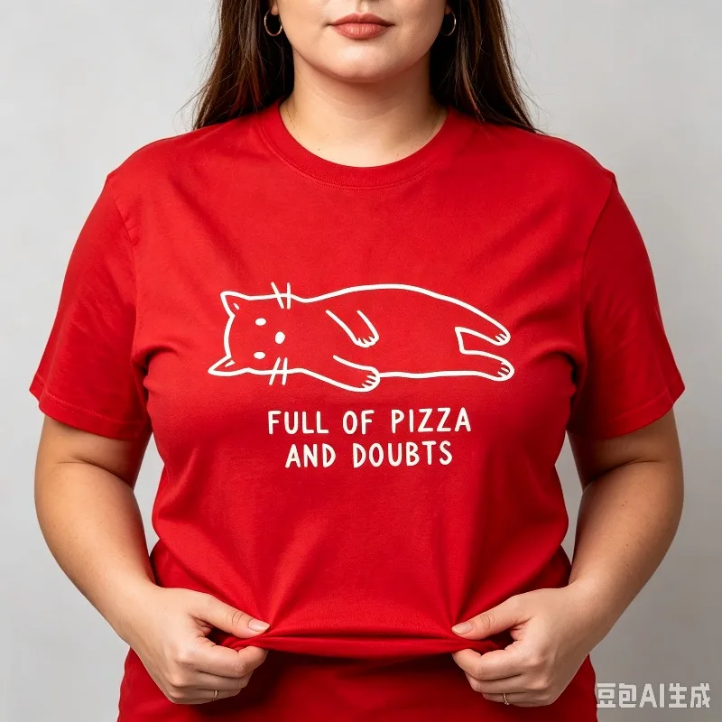 Full of Pizza and Doubts Cat Front Print T-Shirt 100% Cotton Women Short Sleeve Tee Funny Food Casual Weekend Hangout Top