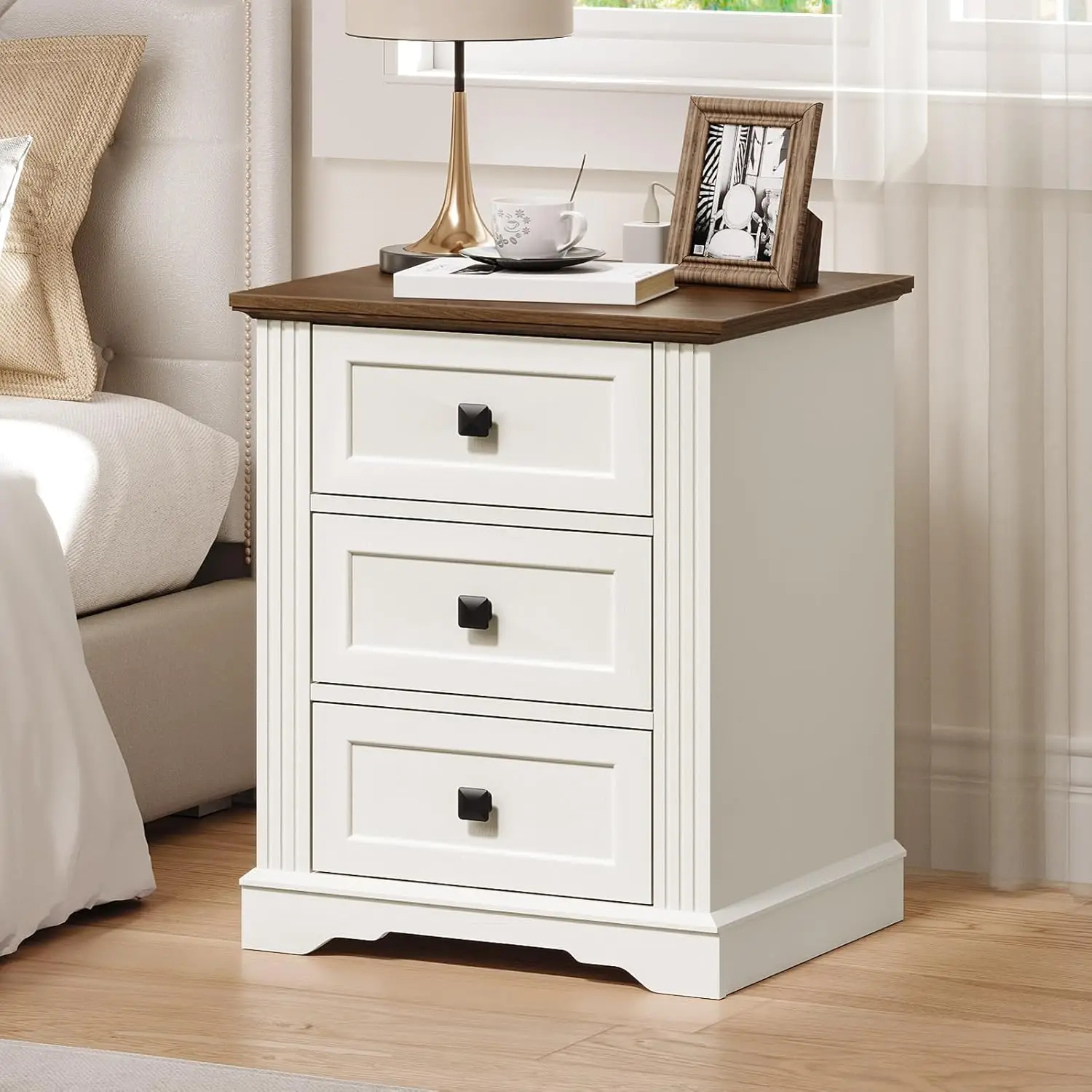 

18in Wide Nightstand 3 Drawers Charging Station Farmhouse Bedside Storage Bedroom Living Room White Walnut, Customized