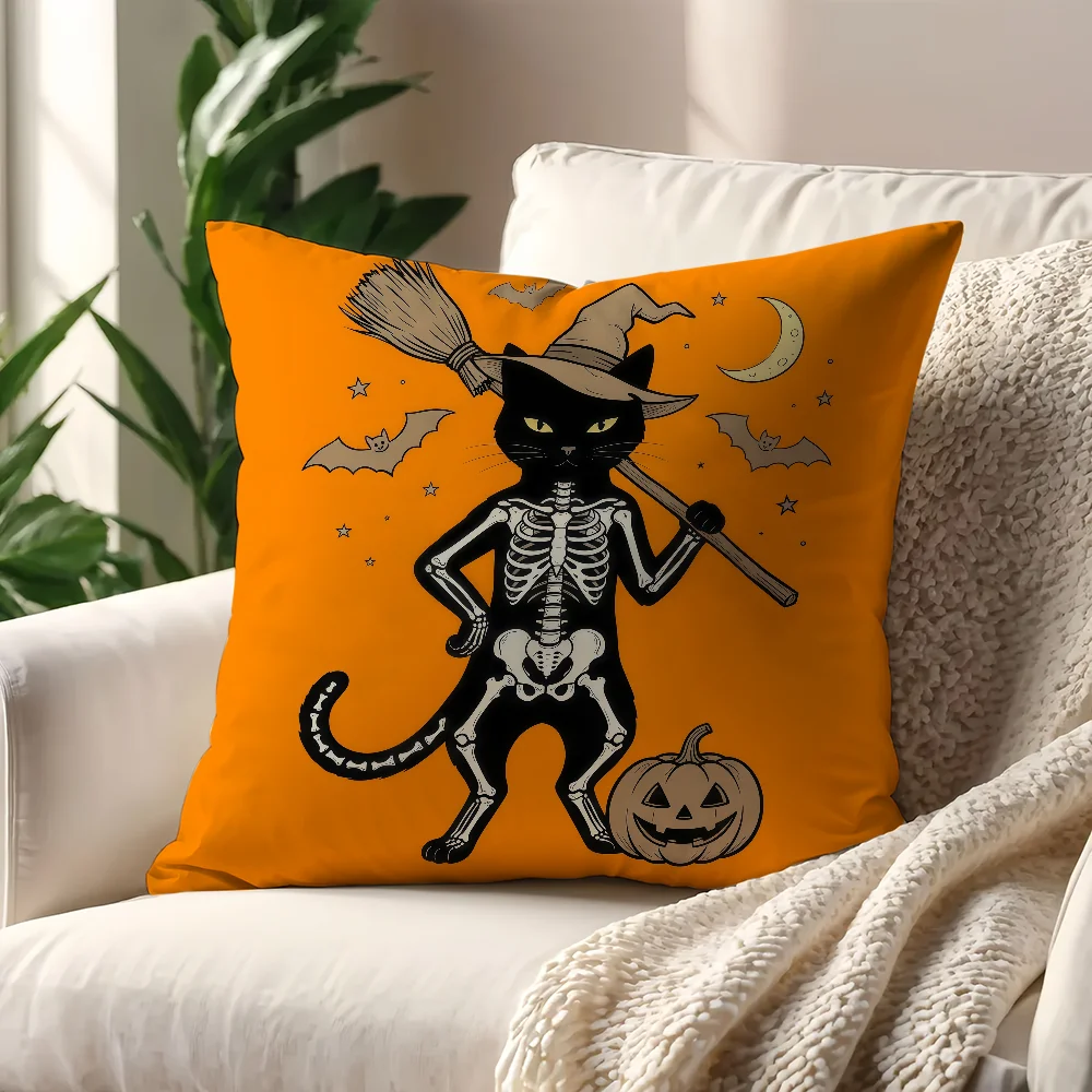 Orange Halloween Black Cat Skull Wizard Cushion Cover For Pillow Printing Sofa Decoration Home Car Shop Office Nordic Simplicity