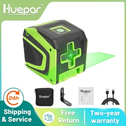 Huepar 2 Lines Laser Level Green Beams Horizontal Vertical Cross Line Rechargeable Li-ion Battery & Bracket Lazer Level Tools