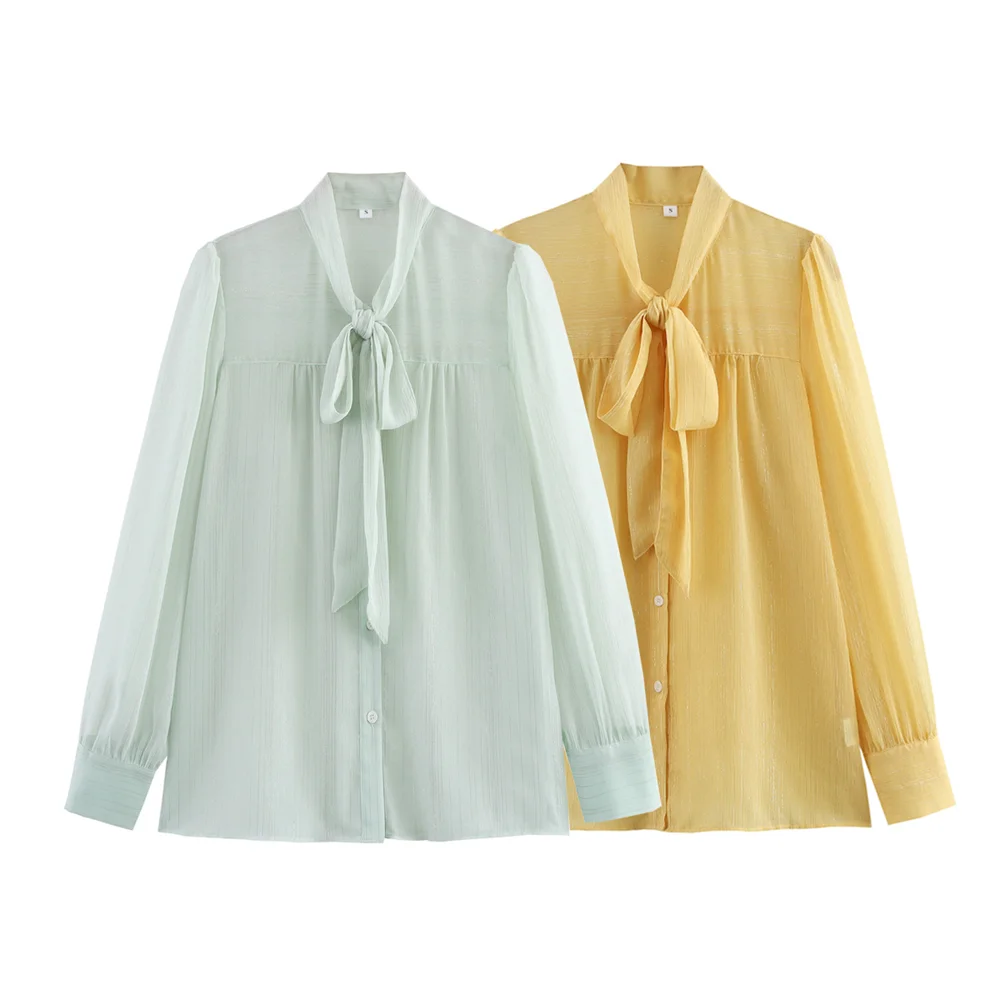 

PB&ZA2025 Soft Delicate Feminine Graceful Charming Elegant Refined Pastel - colored Tie - neck Long - sleeve Blouses