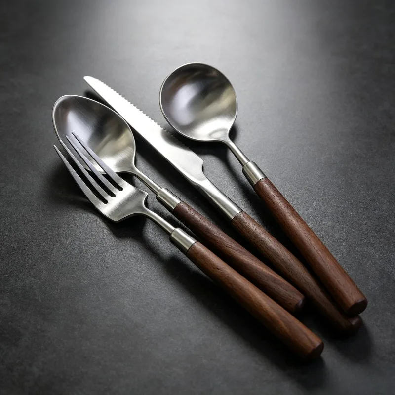 Stainless Steel Cutlery Set Walnut Wood Handle Retro Brushed Steak Knife Fork Spoon Durable Tableware for Home Dinner Kitchen