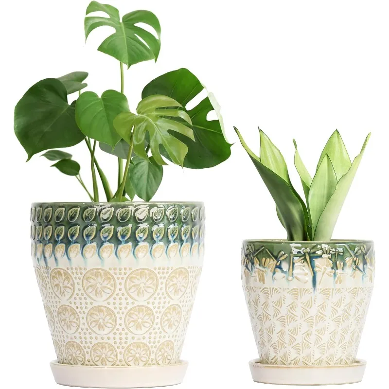 

Ceramic Planter Pots for Indoor Plants, 8Inch + 6 Inch Plant Pot with Drainage Holes, Saucers and Mesh Pads, Succulent Orchid