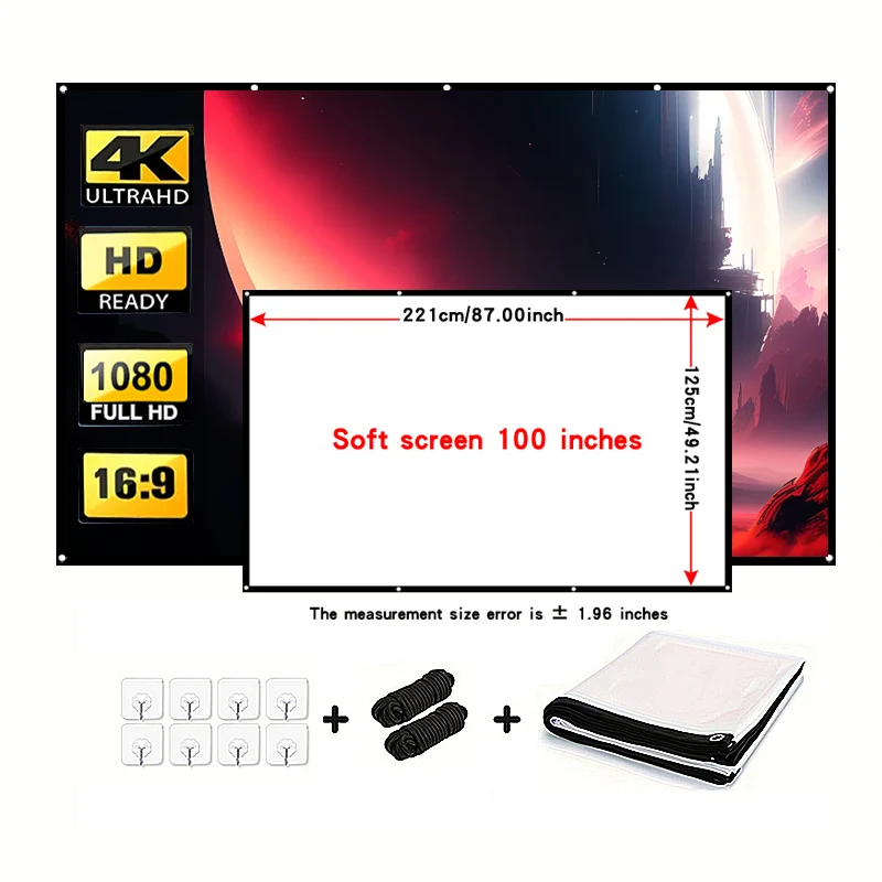 Foldable projection screen 100 inches. Large screen with rope for moving the large screen. High definition projector adaptation.