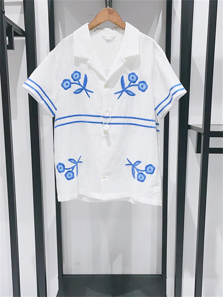 

Women Floral Embroidery Single Breasted Short Sleeve Shirt French Fresh Notched Collar Casual Blouse 2024 Summer New Holiday