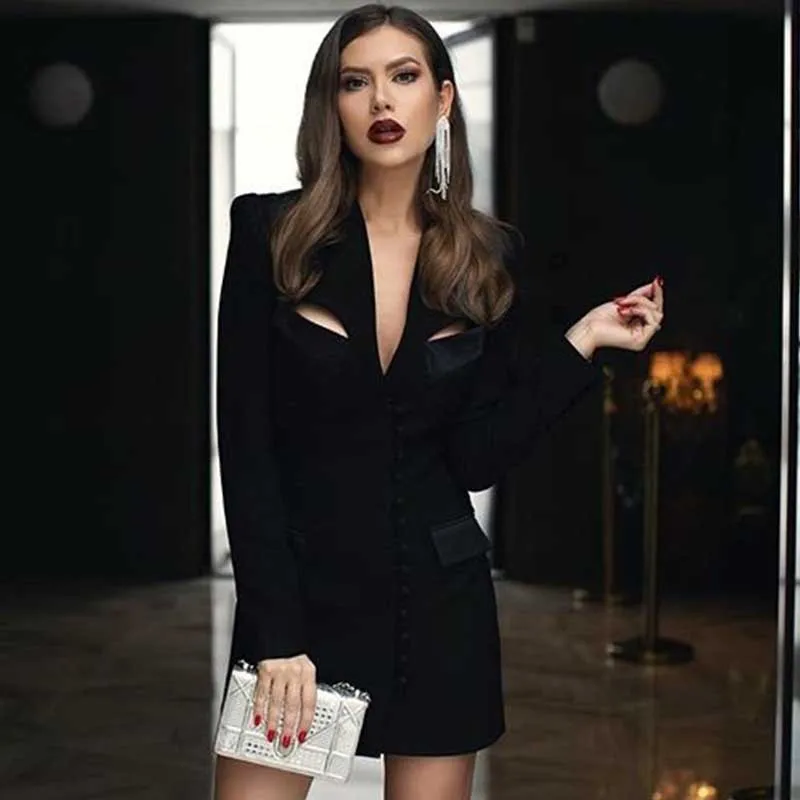 Falda de traje Sexy para mujer, chaqueta negra para fiesta, vestido de graduación, mangas completas, cuello en V, Mini abrigo corto para niña caliente, en Stock