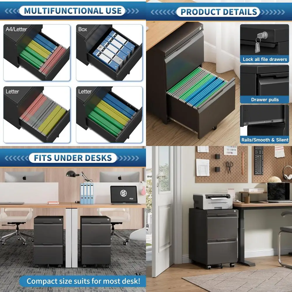 

Secure Rolling Vertical File Cabinet for Home Office, 2 Drawers, Suitable for A4/Letter/Legal Size Documents - Black, Assembly R