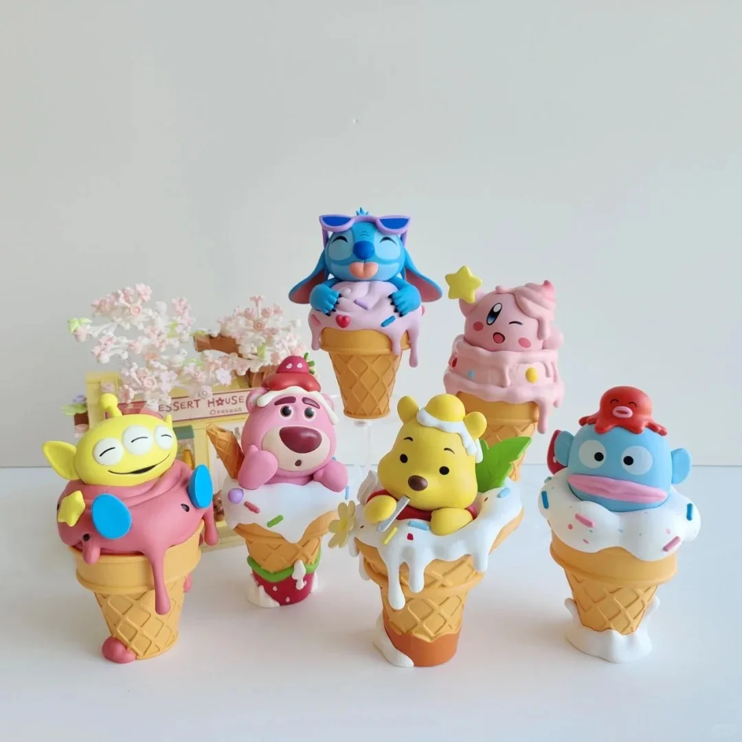 6pcs 12cm Disney Ice Cream Stitch Cute Ice Cream Cones Creative Ornaments Set Winnie The Pooh Collect Figures Model Toys Gifts