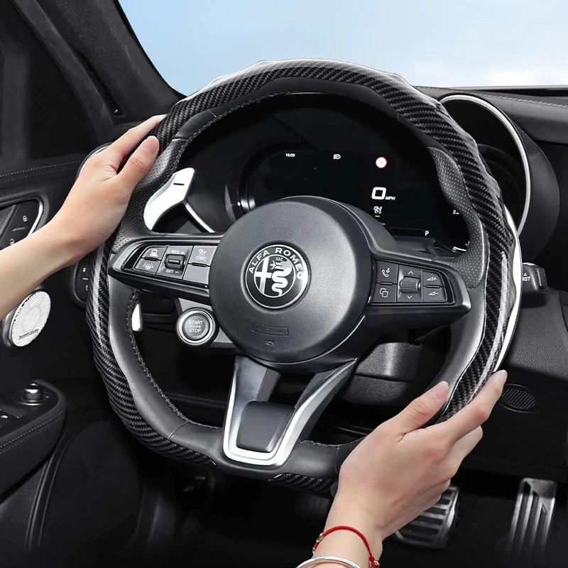 Suitable for Alfa Romeo Carbon Fiber Texture Steering Wheel Cover Snap-On Wave-Shaped Sports Design Protective Case Giulia 952 Stelvio 949 147 Mito Giulietta Tonale 965 Sprint 159 Quadrifoglio Black