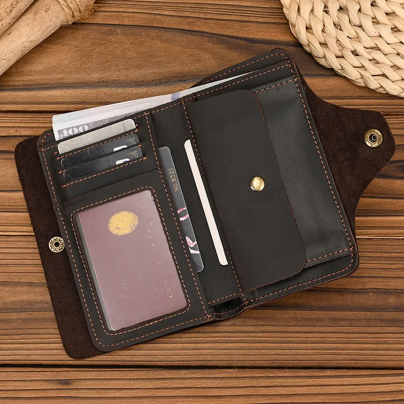 Genuine leather men's buckle wallet, folding change card holder, multi-functional short mini wallet
