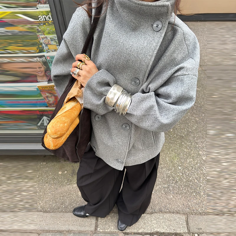 الصلبة عالية الرقبة زر مزدوج معطف فوقي انخفض الكتف فضفاض 2025 الخريف قصيرة أنيقة سترة المرأة الحضرية ملابس خارجية سيدة عادية #2