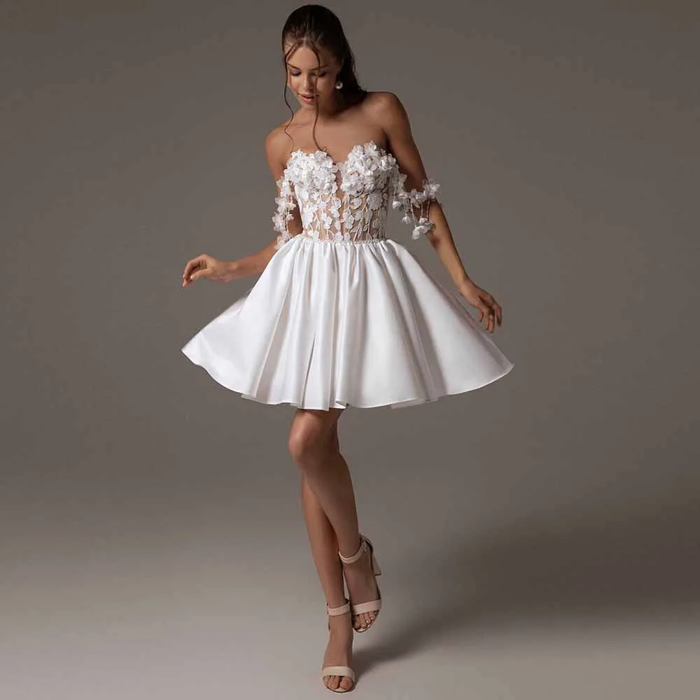 

Glitz and Glam Mini Wedding Dresses 2025 Satin A-line Party Dress White Off-the-shoulder Applique 3D flowers Prom Dress Short