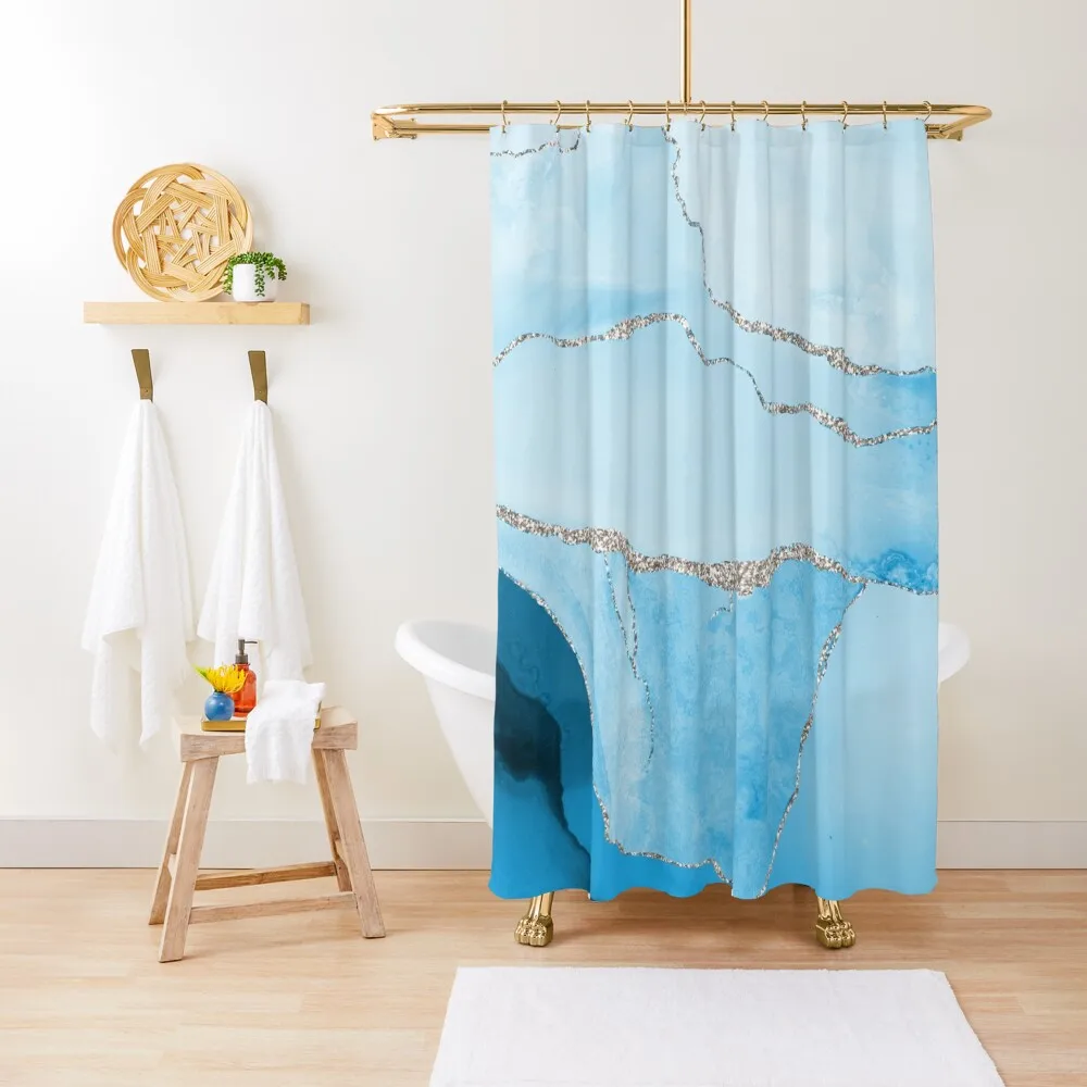 Watercolor Agate in Aqua Blue Faux Silver Veins Shower Curtain Bathroom Accessorys Shower Curtain Bathroom