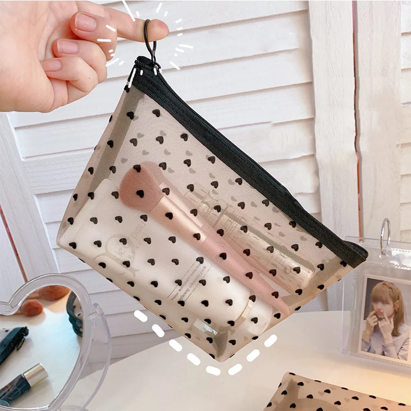 Heart Women Men Necessary Cosmetic Bag Transparent Travel Organizer Fashion Small Large Mesh Toiletry Bags Makeup Pouch