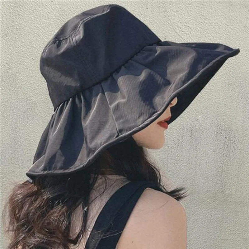 Sun Hats for Women Summer Black Glue Bow Female Panama Hollow Straw Hat UV Protection Big Brim Face Sunscreen Sun Bucket Hats