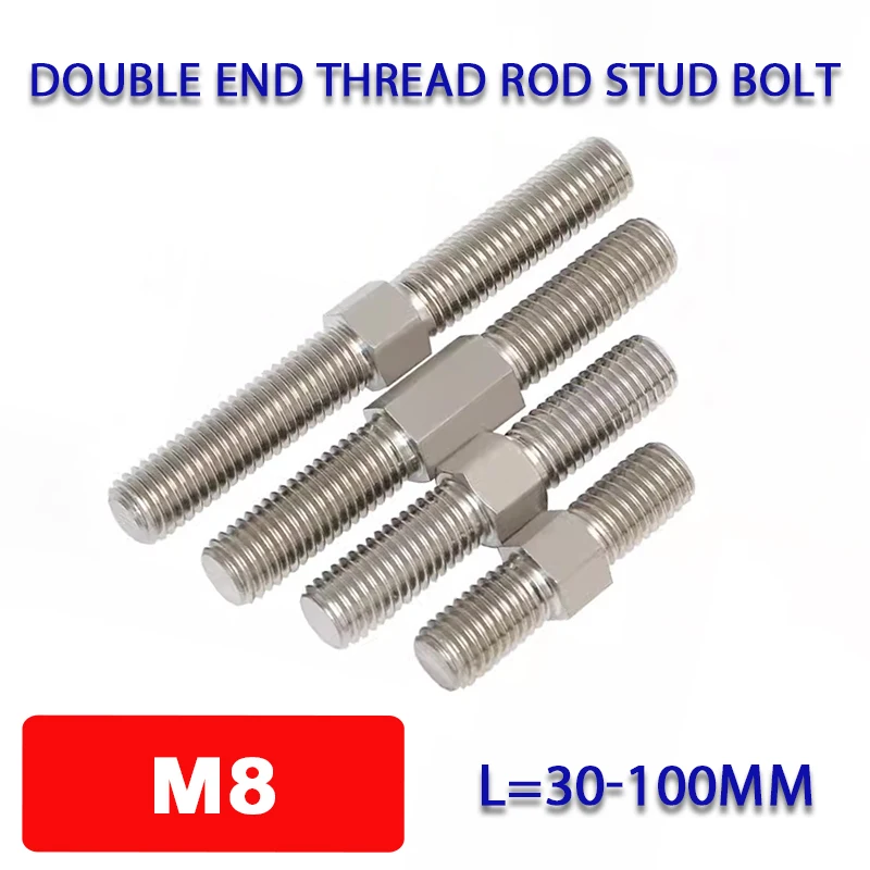 304 Stainless Steel Dual Head Threaded Bar Stick M8 L=30-100mm Left And Right Thread Double End Thread Rod Stud Bolts