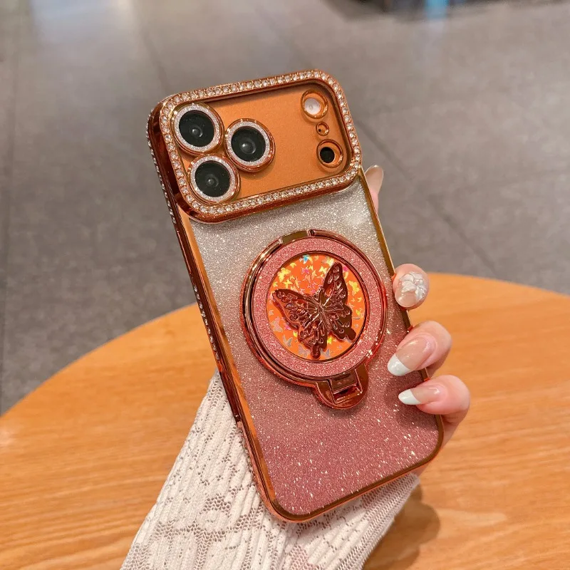 Coque magnétique rotative à 360° avec support intégré, motif papillon brillant, pour iPhone 17 16 15 14 13 18 Pro Max, antichoc, compatible Magsafe, coque fine.