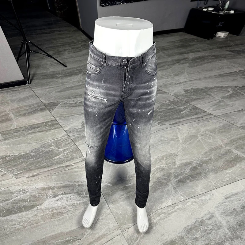 Fashionable new men's jeans, painted, washed, nostalgic, stretchy, slim fit, grey jeans, high street hip-hop brand pants, hombre
