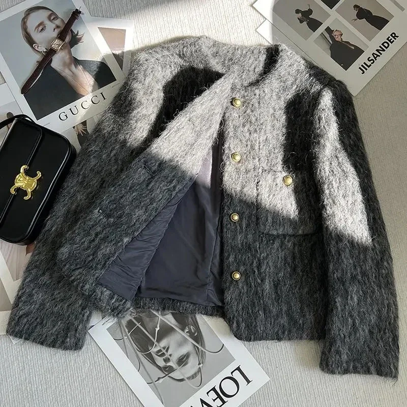 Korean Faux Fur Cropped Jacket for Women Autumn Elegant Single-Breasted Casual Coats Female Winter Korean Thick Warm Down Jacket